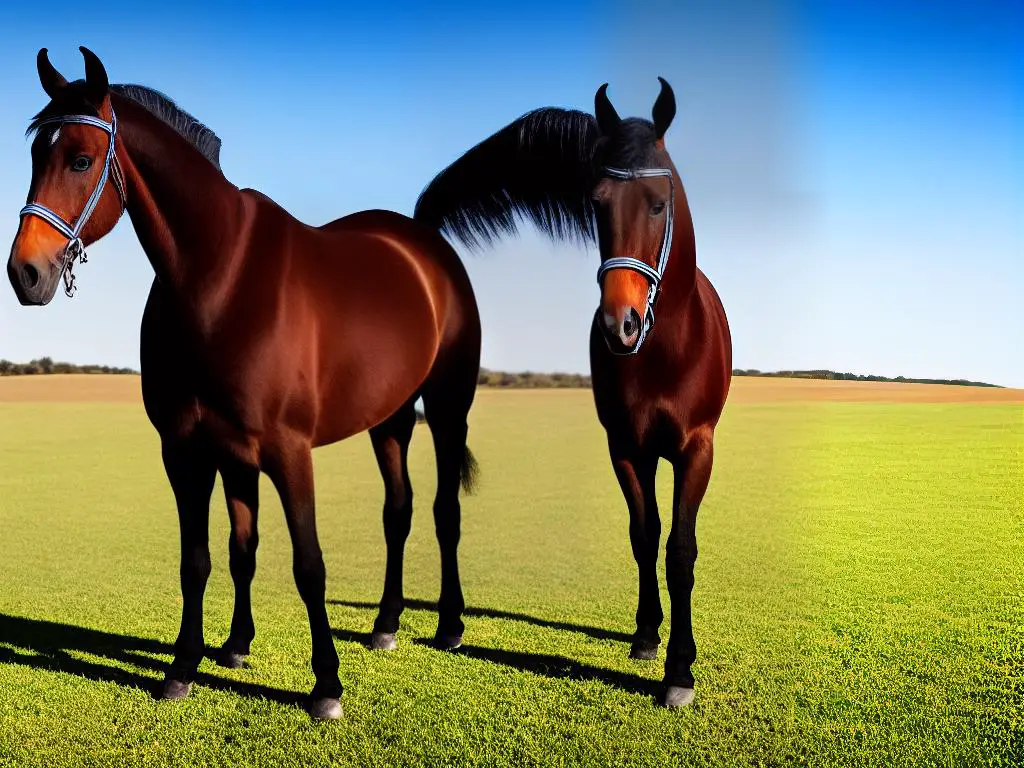 A majestic German Warmblood horse standing in a field with a blue sky in the background