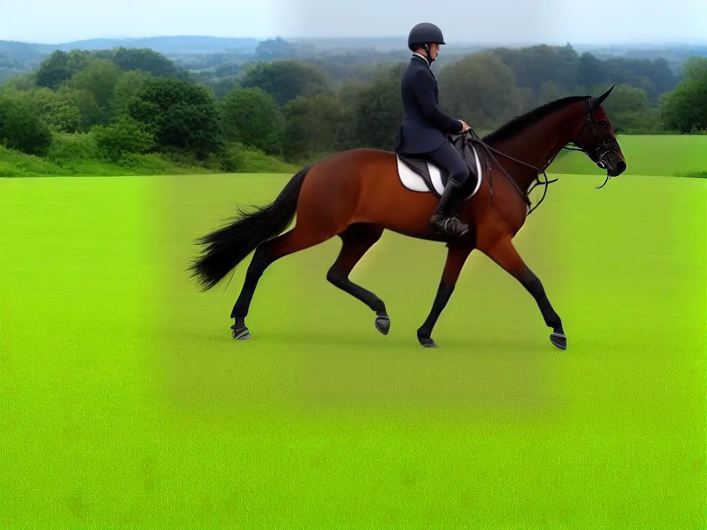 German Warmblood horse running in a green field