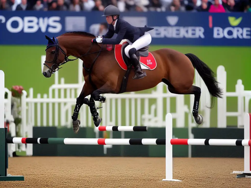 A German Warmblood horse jumping over a hurdle in an equestrian event