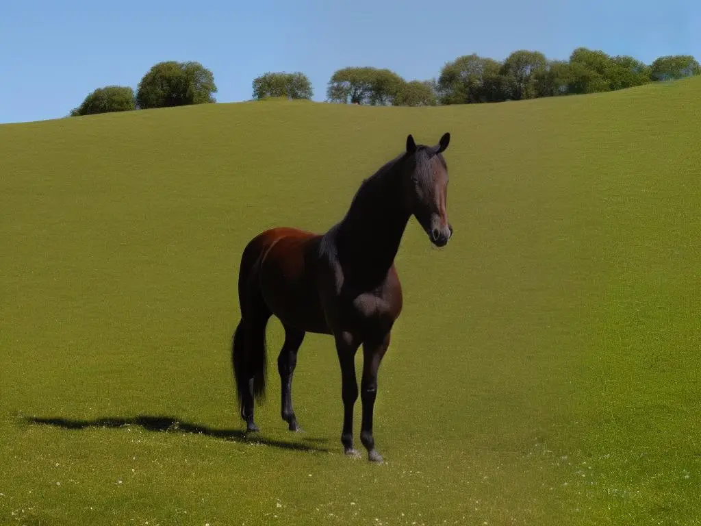 A German warmblood horse standing in the grass, looking off to the side.