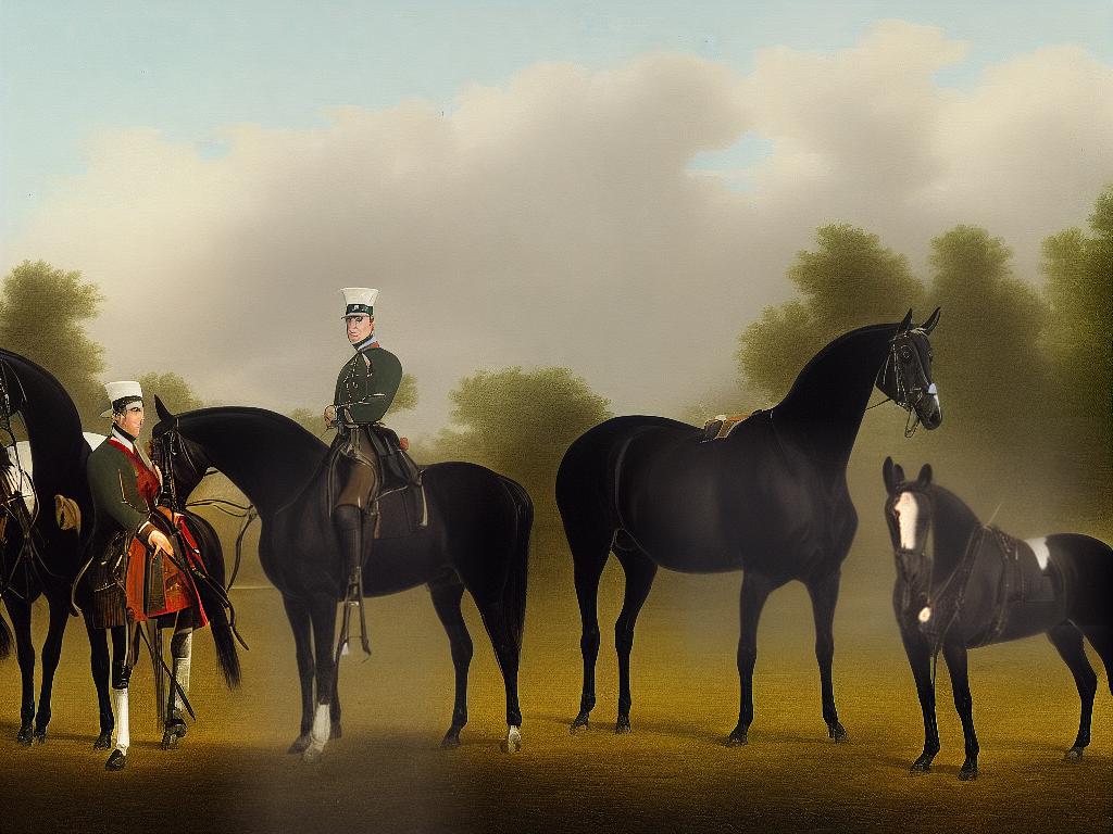 A drawing of the three German Warmblood breeds, Hanoverian, Oldenburg, and Holsteiner, standing together on a grassy field.