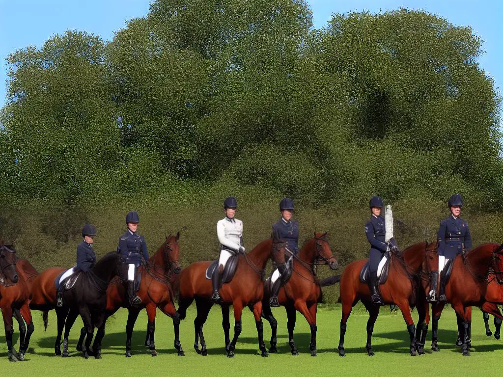 Four German Warmblood horses, one of each breed - Hanoverian, Holsteiner, Westphalian, and Oldenburg.