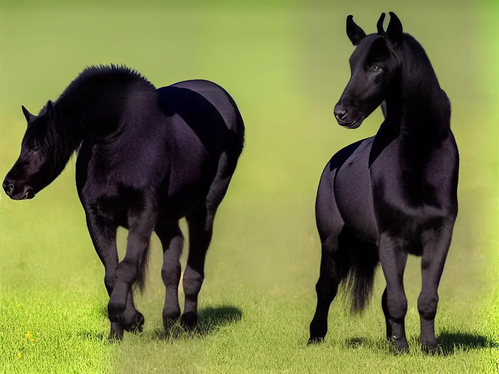 A majestic black German Warmblood standing in a green field, with a white blaze on its face. It looks alert and proud.