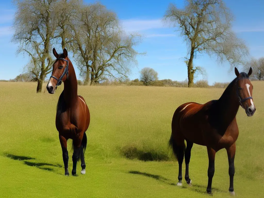 a German Warmblood standing in a field with a clear blue sky in the background