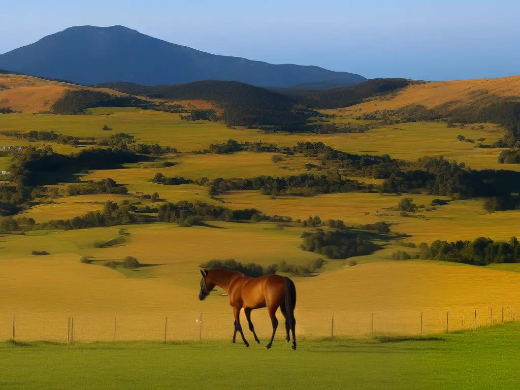 A beautiful brown German Warmblood horse, standing in a field with a fence in the background