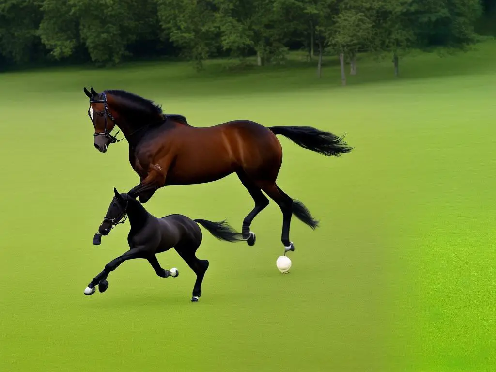 A graceful German Warmblood horse prancing on a green grassy field, showing off its balance and ensemble
