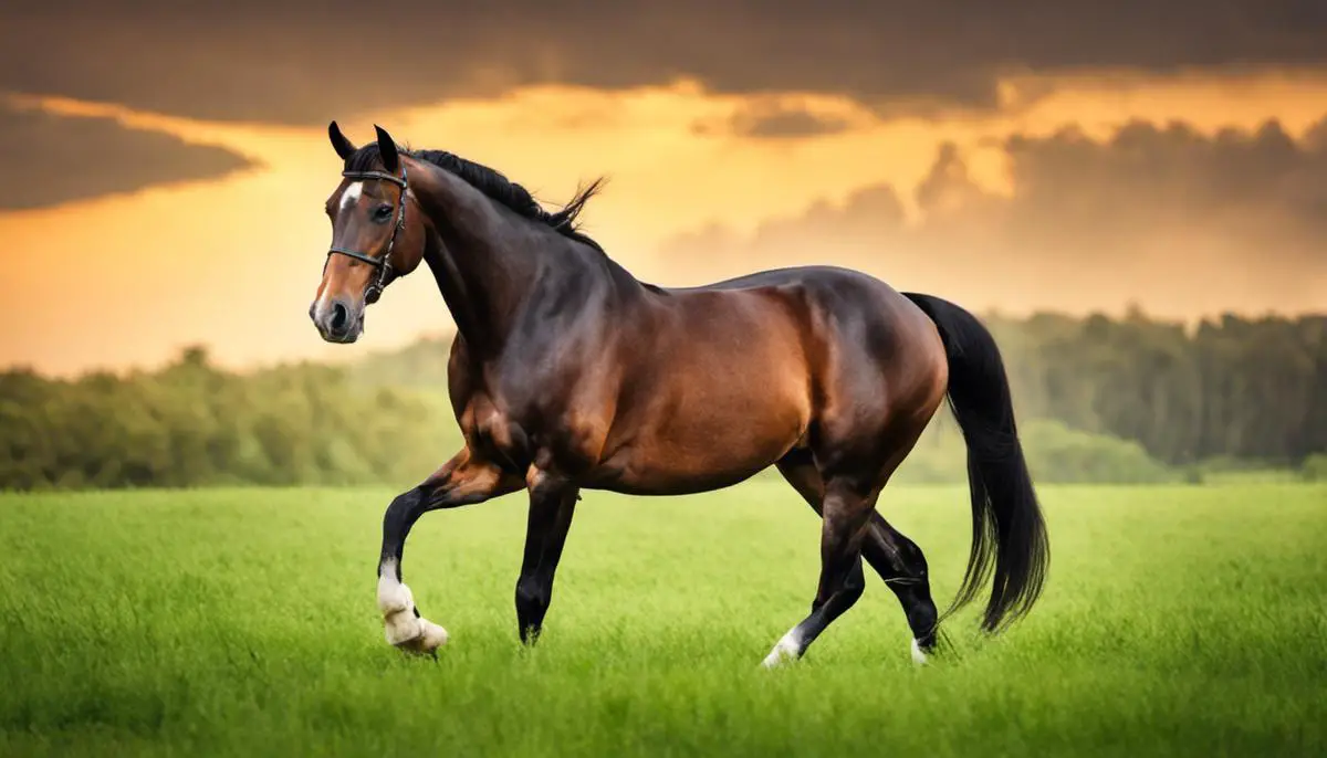 A majestic Hanoverian horse standing in a field of green grass