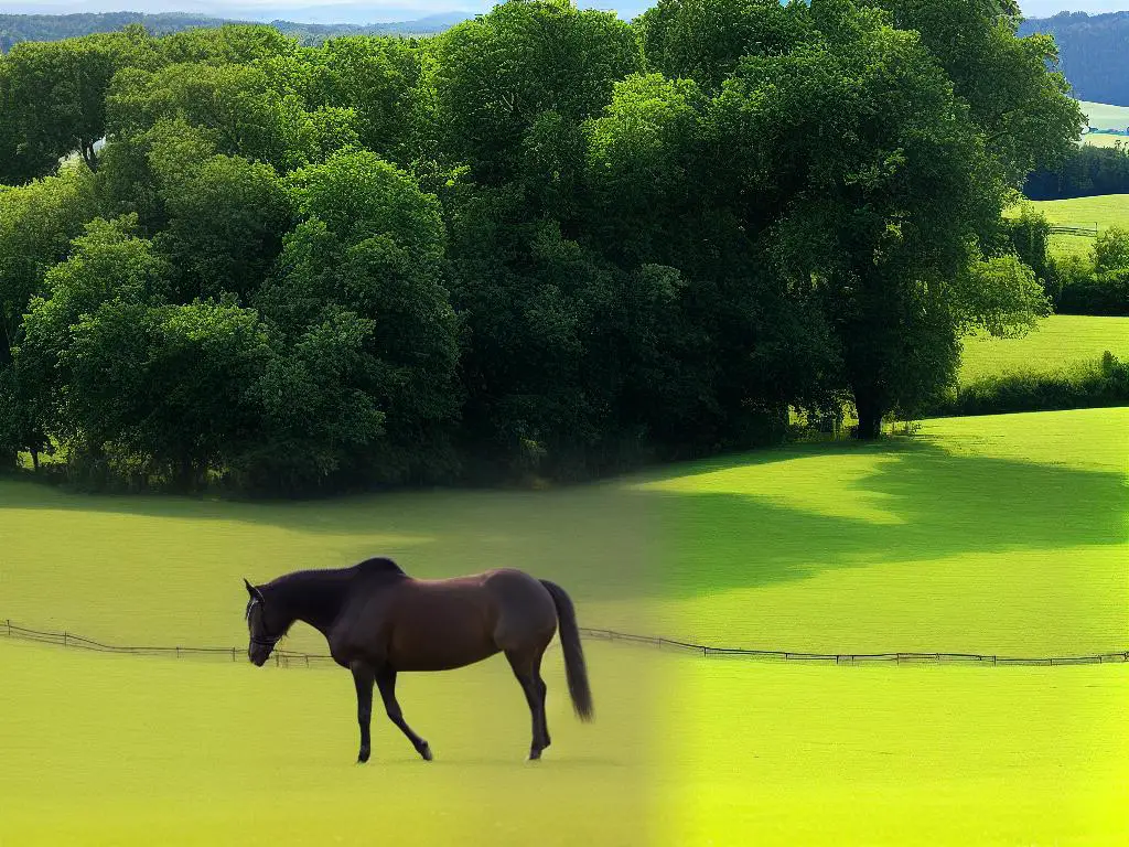 German Warmblood horse in a pasture with rolling hills in the background