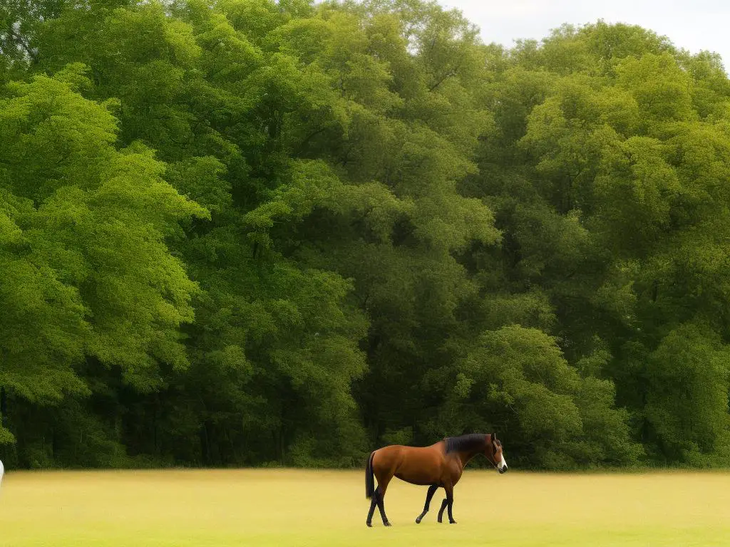 A beautiful brown German Warmblood horse standing in a grassy field with trees in the background