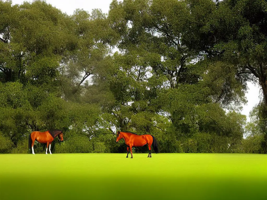 A horse standing in a paddock with trees in the background