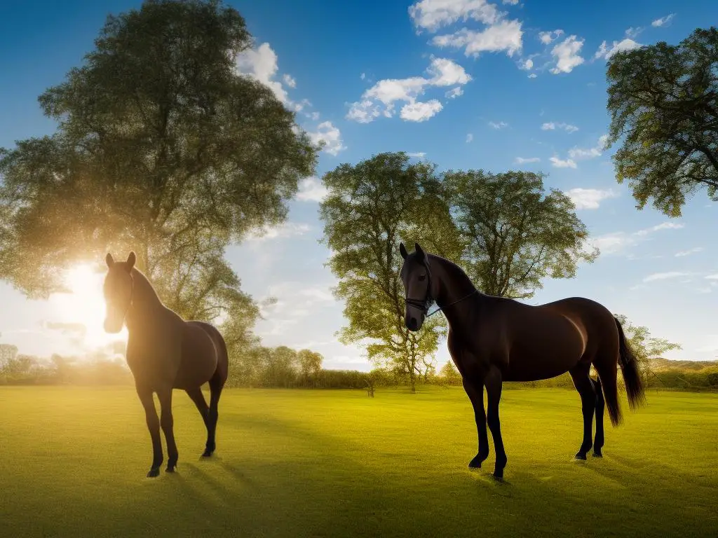 A beautiful German Warmblood horse, standing on grass with the sun behind it, showcasing its strong and muscular build, elegant legs, and friendly temperament.