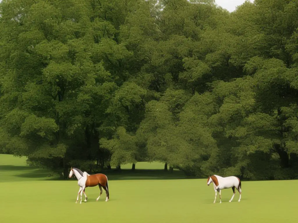 A brown German Warmblood standing on green grass with trees in the background.