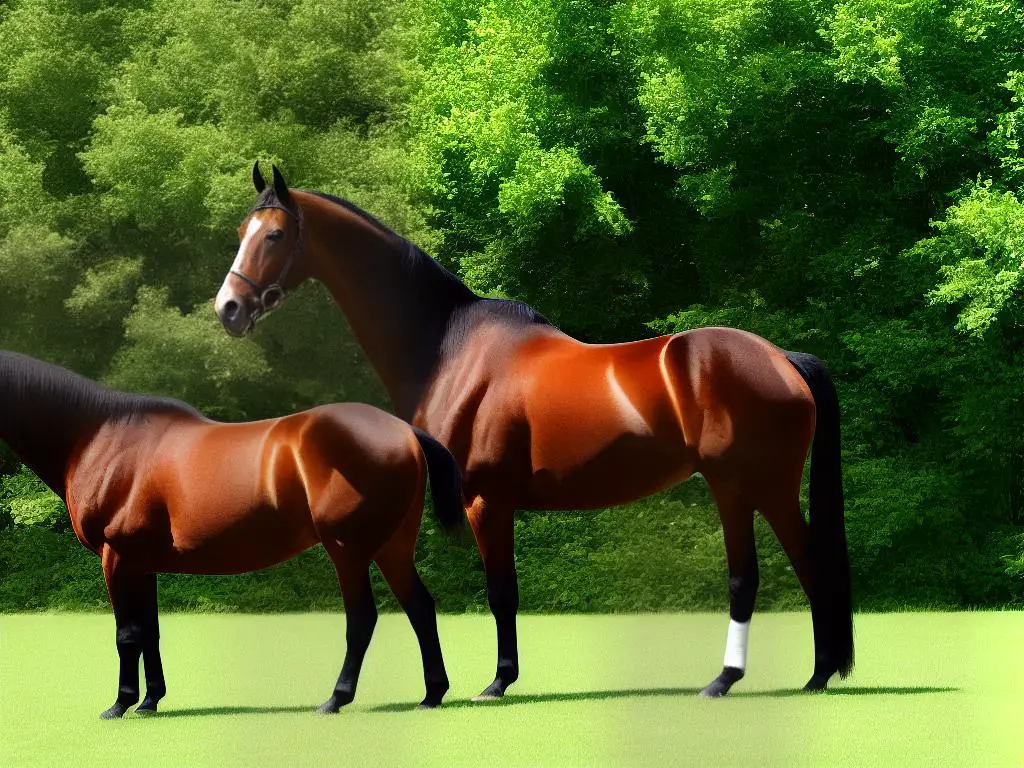 A brown horse with a muscular build standing on green grass with trees in the background, representing the German Warmblood breed.