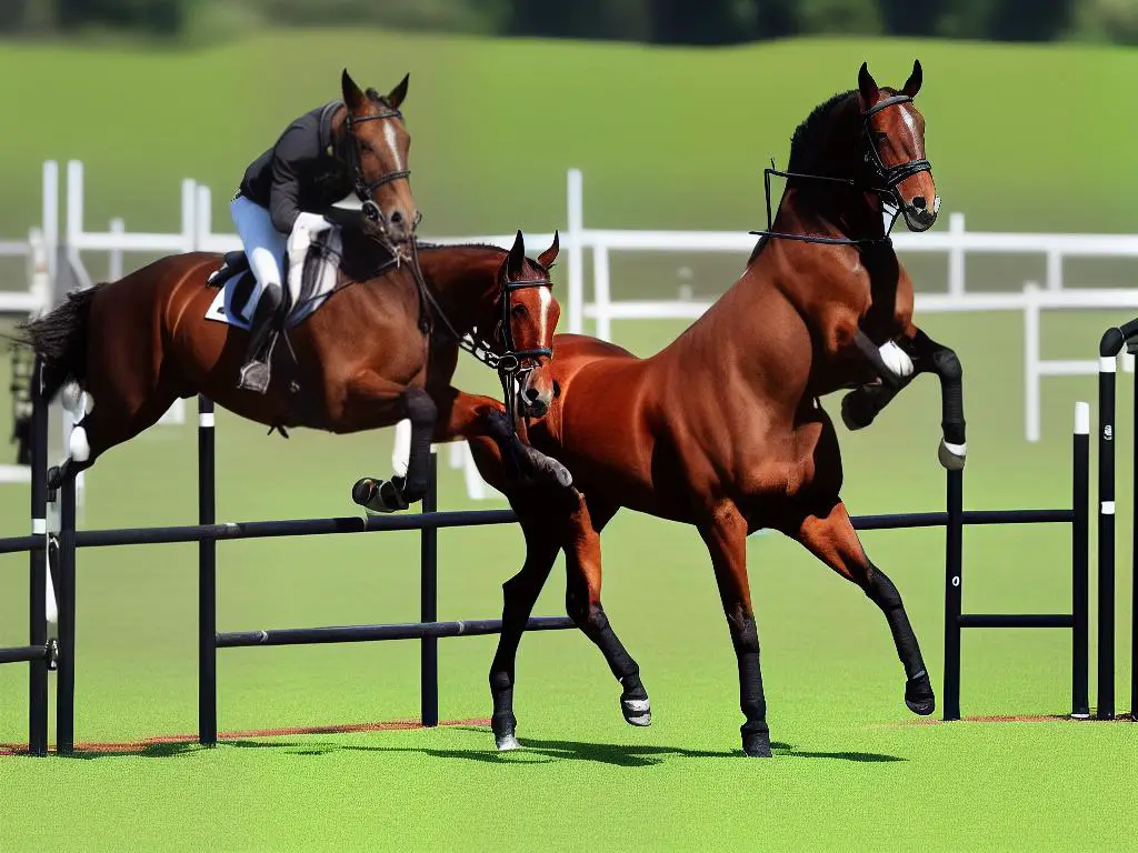 A majestic brown coat German Warmblood jumping high over a fence