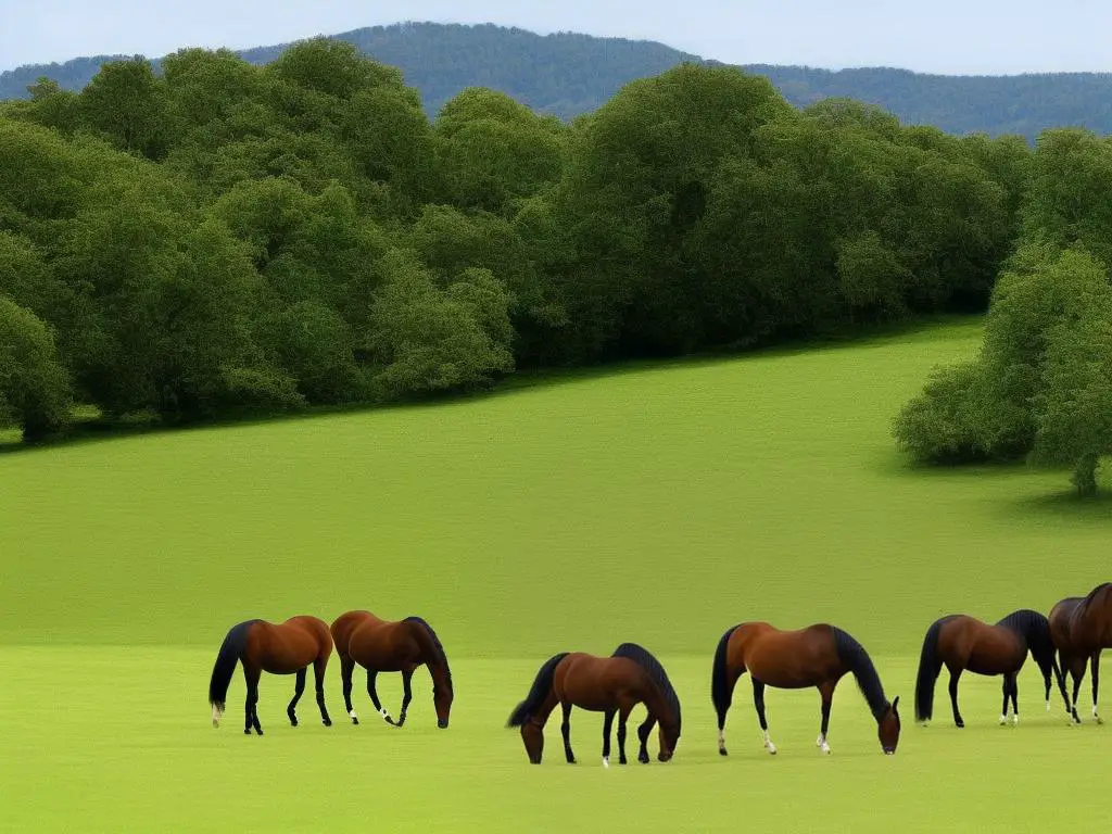 Three German Warmblood horses grazing in a pasture