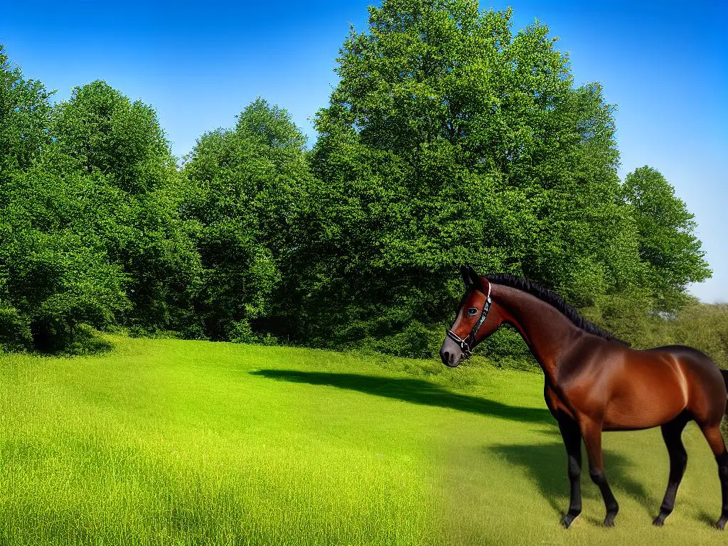 A beautiful German Warmblood horse standing in a field with trees in the background