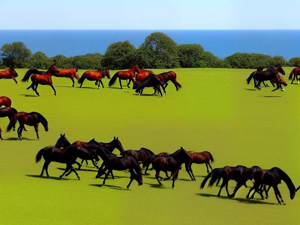 A group of German Warmbloods in a grassy field, running and grazing in the sunlight