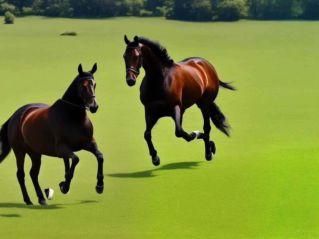 A beautiful, strong German Warmblood trotting through a green field with its mane gently blowing in the wind