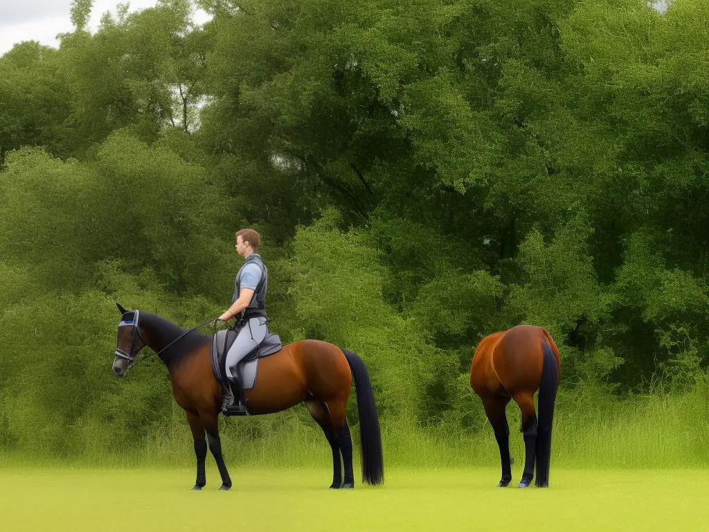 A beautiful German Warmblood horse with a muscular build standing in a grassy field with its head turned towards the camera.