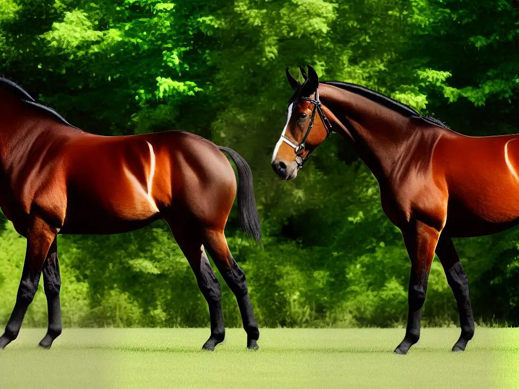 A close-up photo of a brown German Warmblood standing in a field, with its mane blowing in the wind, surrounded by a lush green background