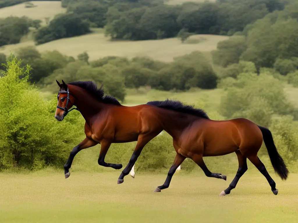 A beautiful brown German Warmblood horse galloping in a meadow.