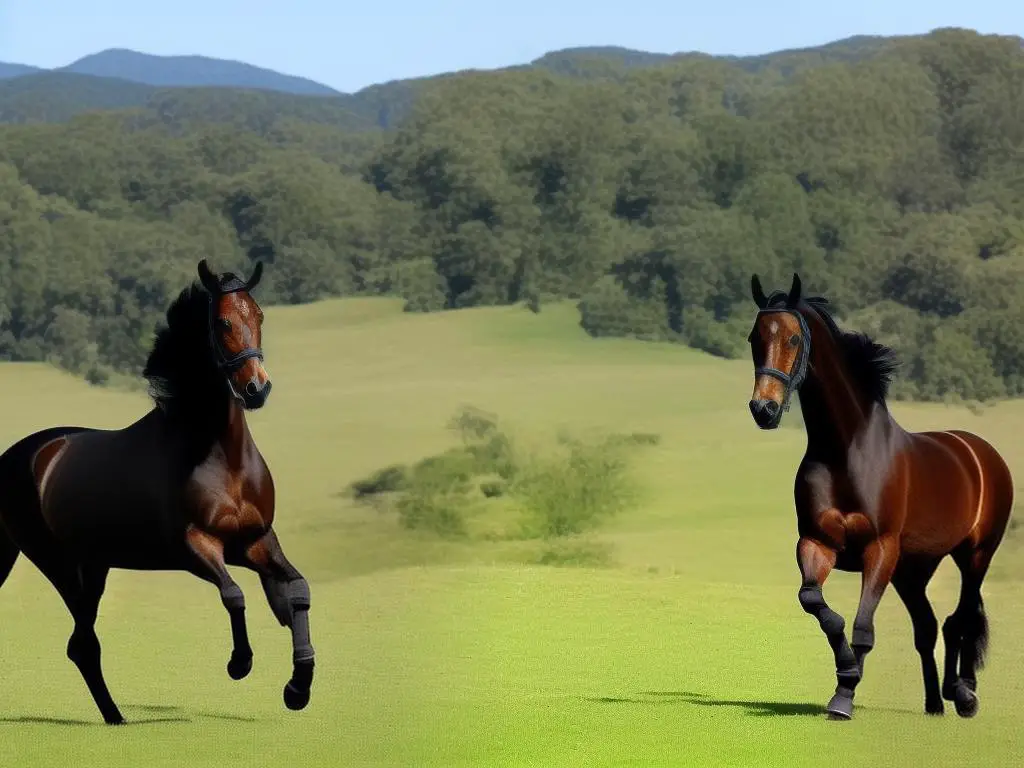 German Warmblood stallion with shiny coat and muscular build trotting in a grassy field