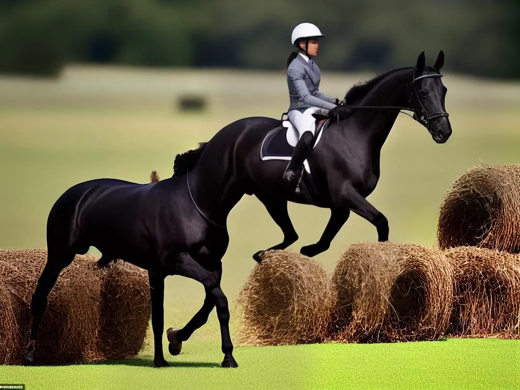 A powerful and elegant black Warmblood standing on a hay-covered paddock, looking straight forward towards the camera, signifies its athleticism and grace in equestrian sports.