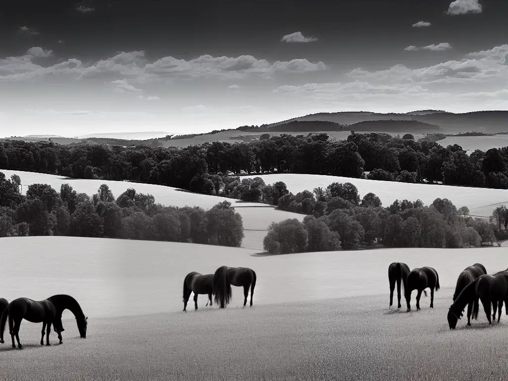 A group of German Warmblood horses standing in a field with rolling hills in the background.