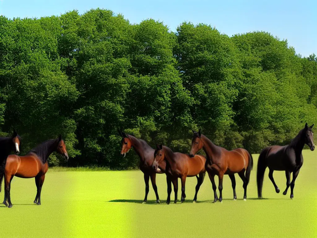 Three German Warmblood horses in a field with trees in the background