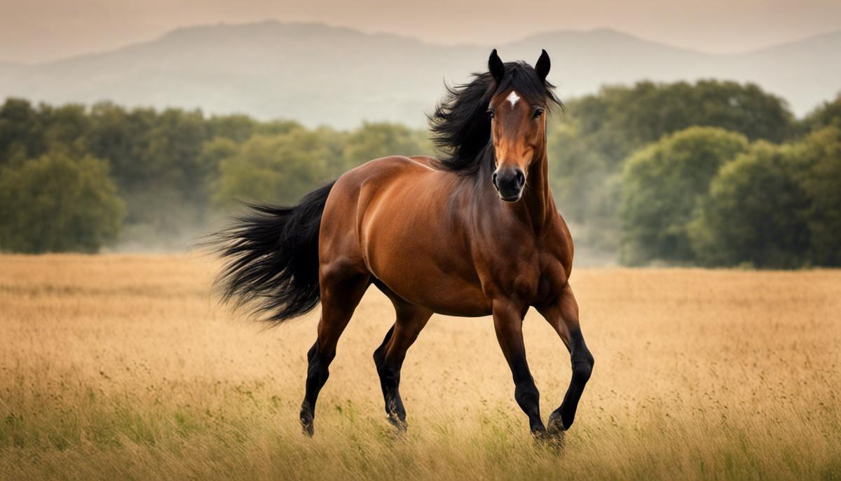 The image shows a Gidran horse standing gracefully in a field.