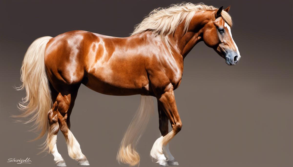 A majestic Gidran horse with a chestnut coat and a flowing flaxen mane and tail, standing tall and alert.