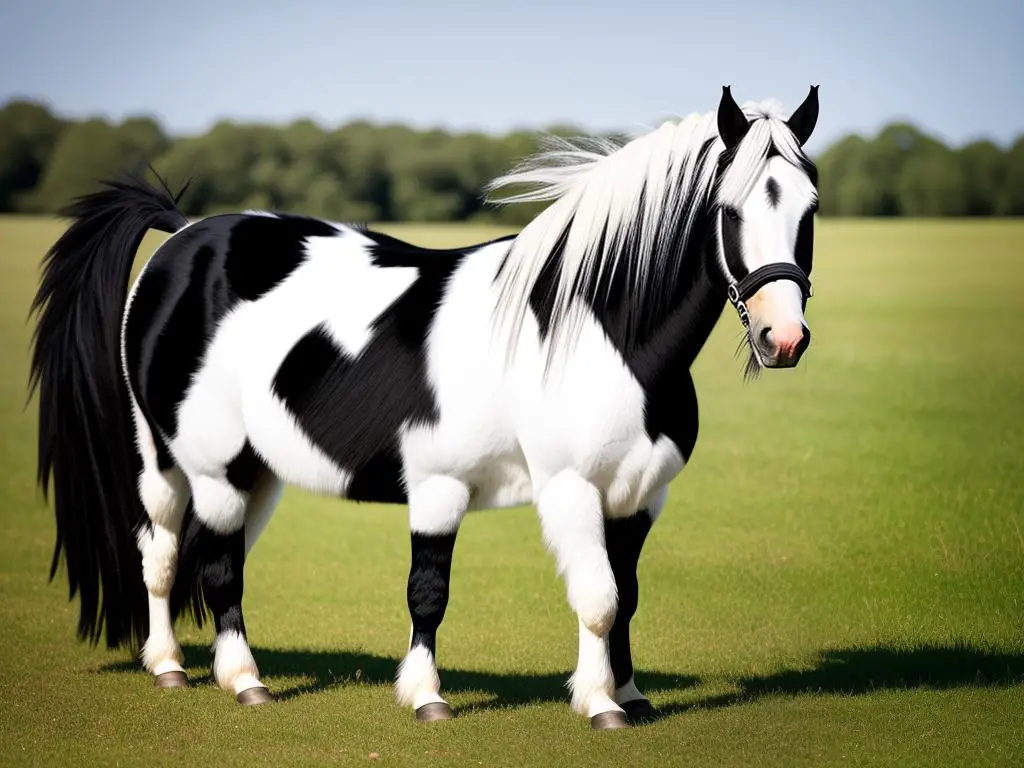 Gypsy Vanner horse standing gracefully in a field with lush, feathered legs, showcasing its beauty and unique features