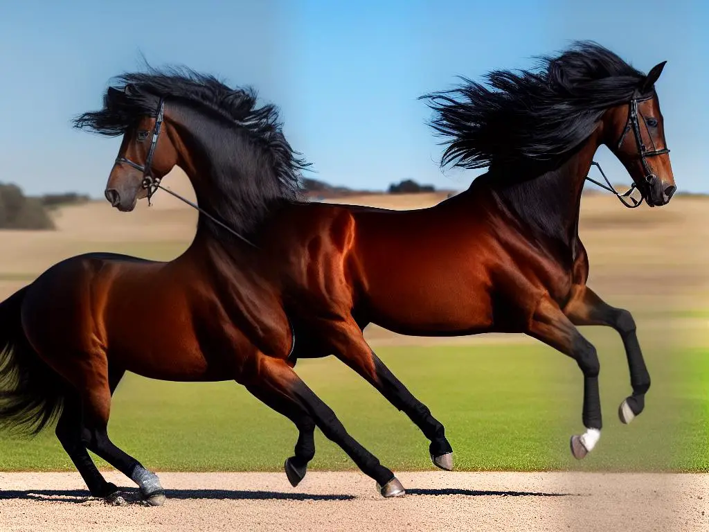 A majestic Hanoverian horse in mid-trot with black mane and tail, gray coat, and pronounced muscles.