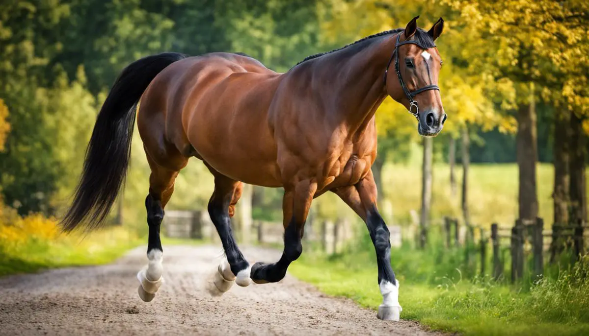 A majestic Hanoverian horse, showcasing its athletic physique and noble head.