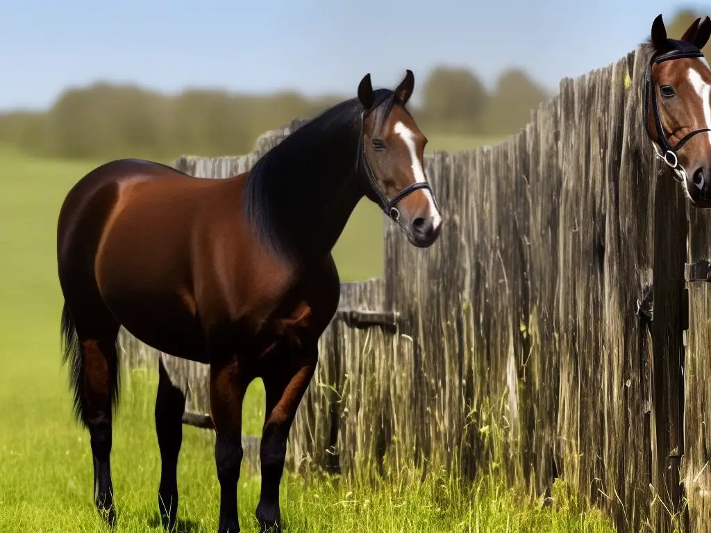 A close-up image of a Hanoverian horse, standing in a field with a fence in the background.