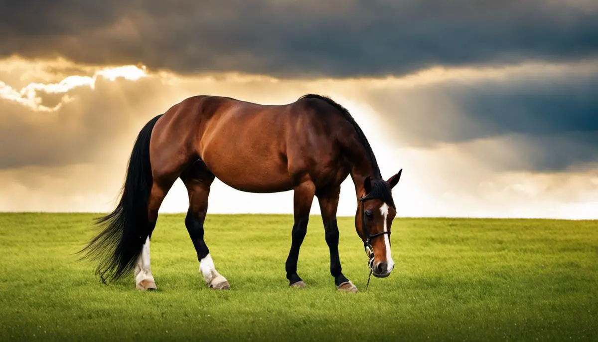 A picture of a Hanoverian horse grazing in a pasture