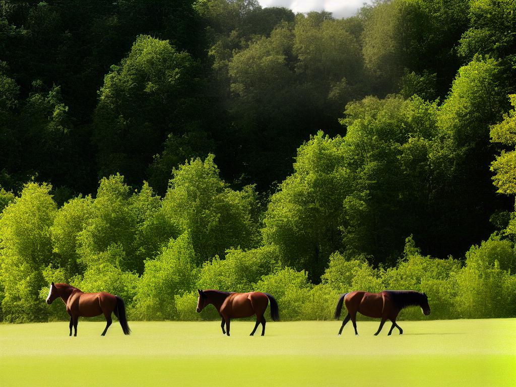 A photo of a brown Holsteiner horse standing in a green field with trees in the background.