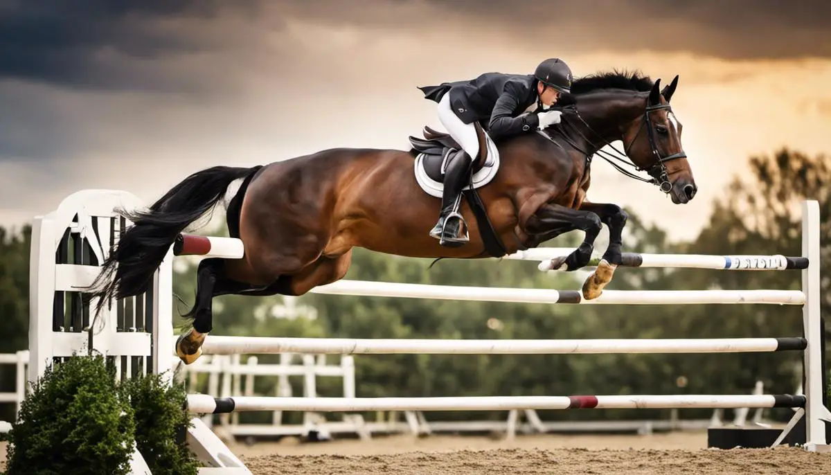 A majestic Holsteiner horse leaping over a show jumping obstacle