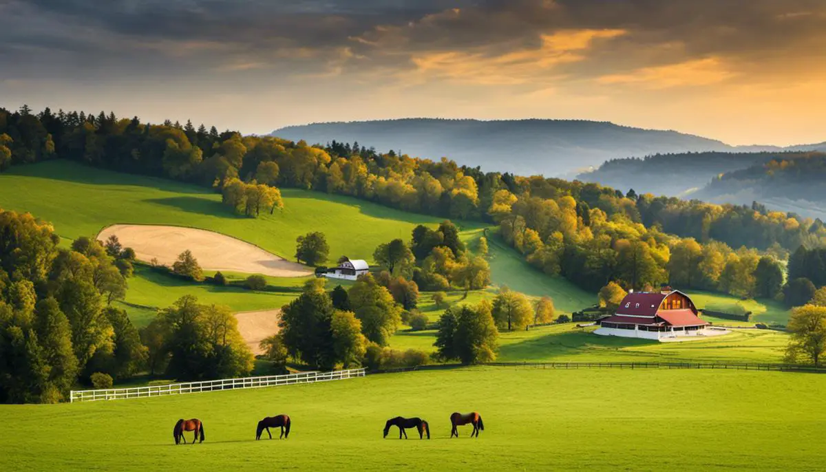 A scenic image of a horse farm in Germany showcasing the significance of horse breeding in the country's economy.