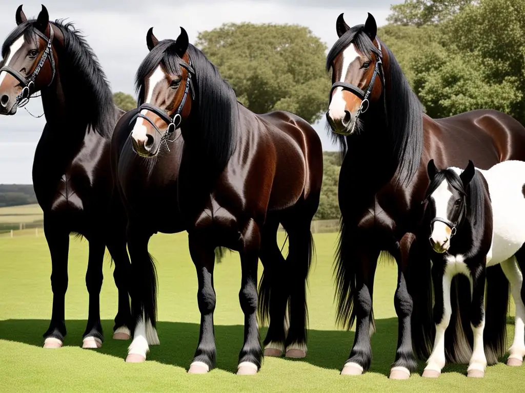 Illustration of Shire Horse and Friesian Horse side by side, showcasing their distinct features and elegance.