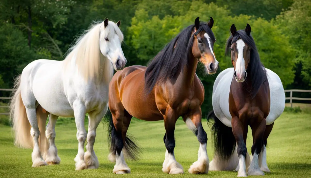 Image of Shire horse and Thoroughbred side by side in a field