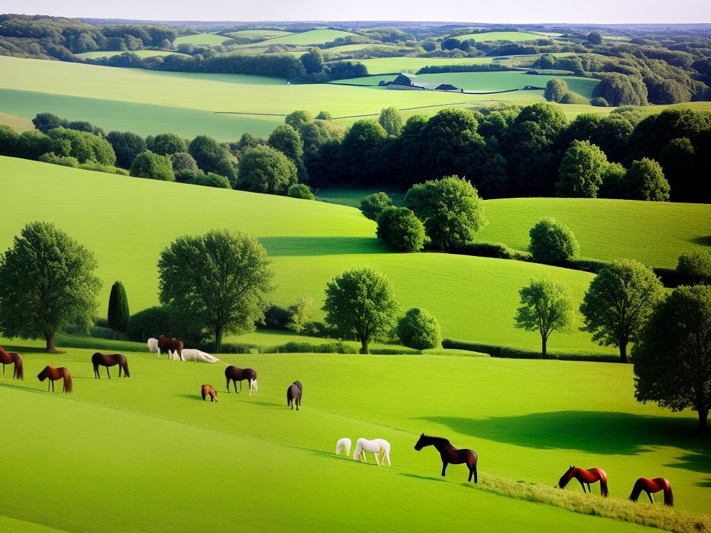A picture of a beautiful horse farm in France with lush green fields and horses grazing peacefully
