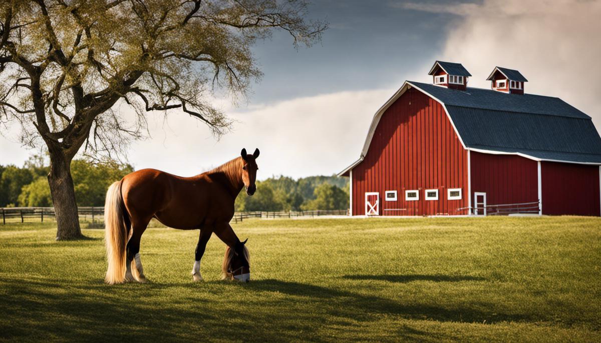 A dun horse grazing with a red barn in the background