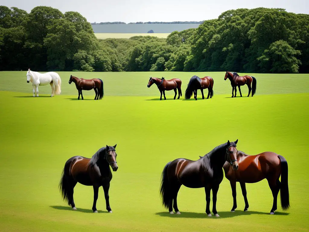 Image description: Two horses, one Shire and one Friesian, standing in a green field, showcasing their gentle and spirited nature.