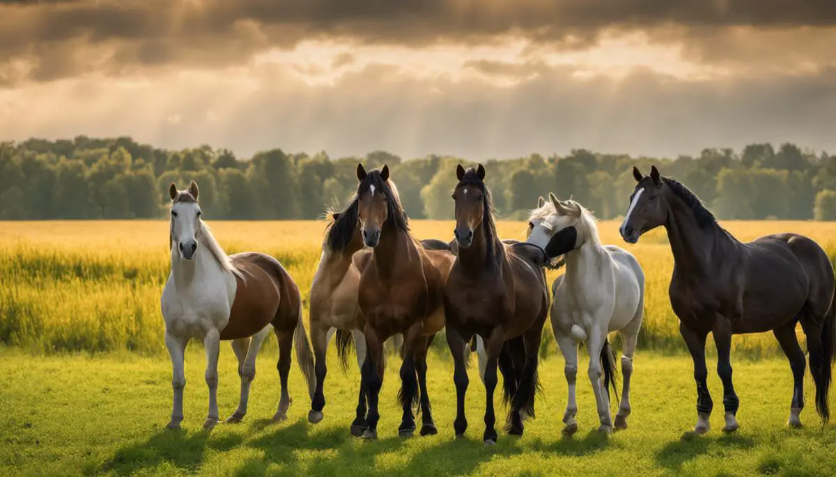Image depicting the challenges faced by the horse breeding industry in Germany, including climate change, loss of genetic diversity, economic struggles, and policy-related issues.