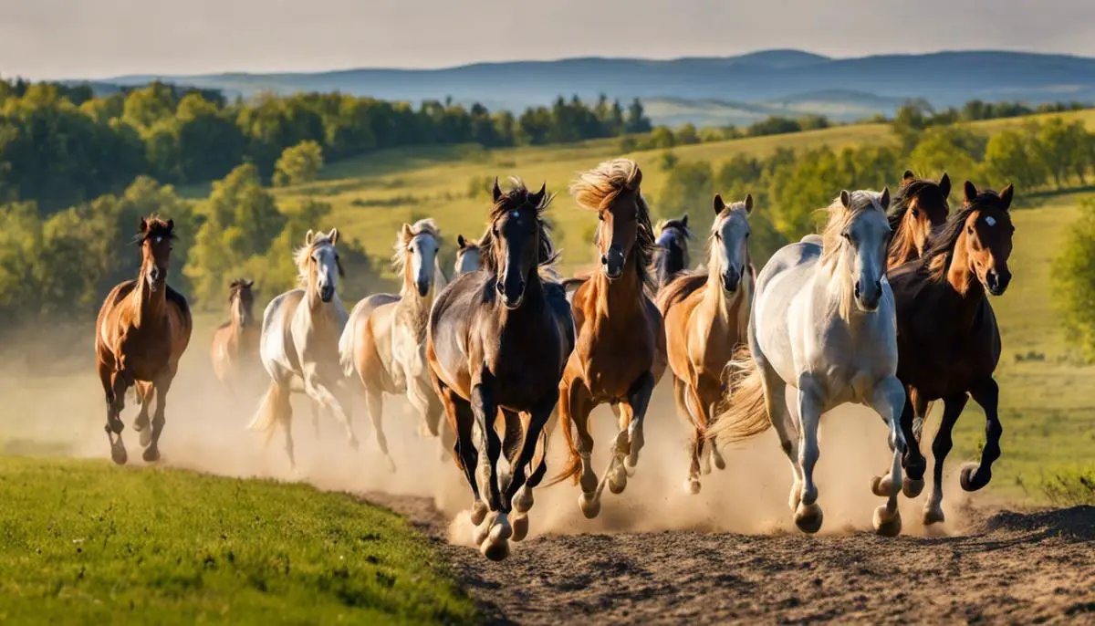 A group of horses running freely in a beautiful Hungarian landscape