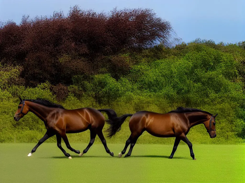 A beautiful brown horse galloping across a field with its mane blowing in the wind.