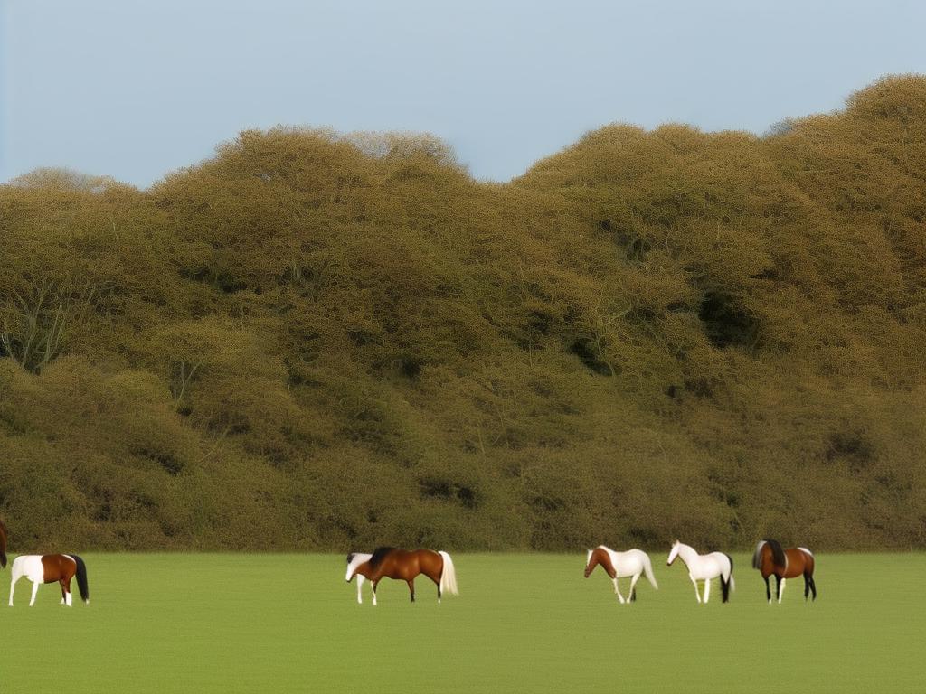 Two horses standing in a field, one chestnut and the other white with brown spots, both appear calm and gentle.