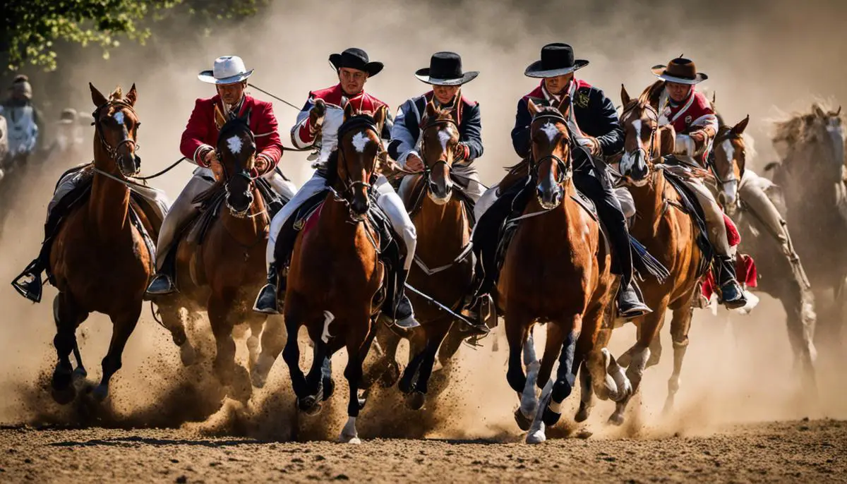 A beautiful image capturing Hungarian horsemen in action, showcasing their remarkable skills and the strong bond between them and their horses.