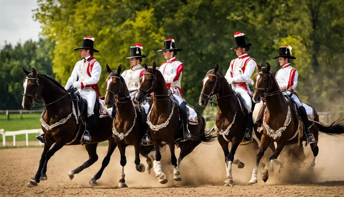 A group of riders performing traditional Hungarian horsemanship, showcasing the versatility and elegance of the riding style.